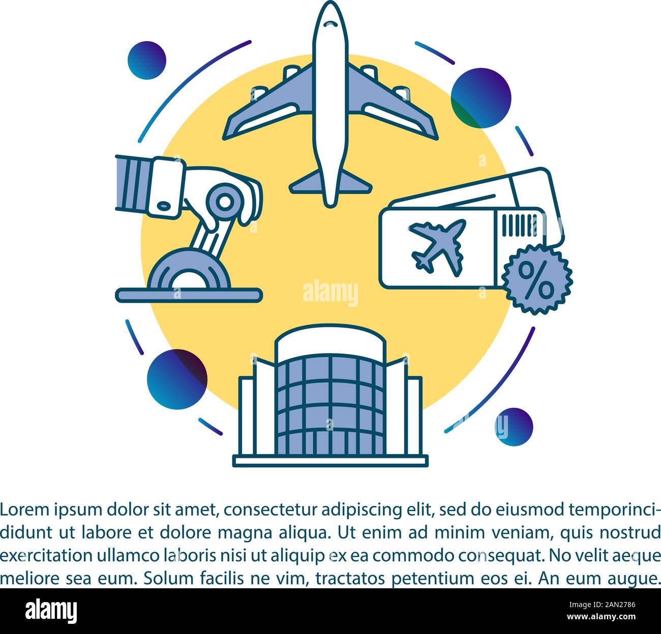 Vektorvorlage für AirPort-Artikel. Flugtickets der Fluggesellschaft. Broschüre, Booklet Design Element mit linearen Symbolen und Textfeldern. Druckdesign. Konzept Stock Vektor