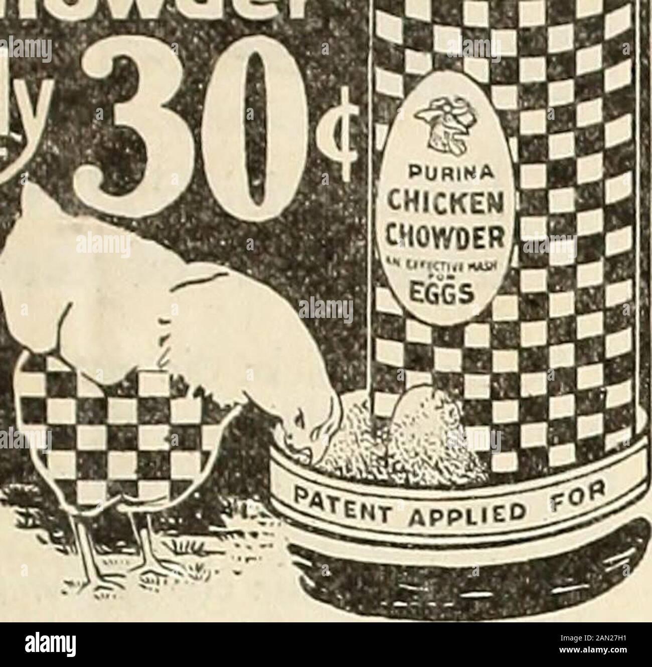 Der Bauernhof - Geflügel. 28 1 •430*. Um Purina ChickenChowder - den großen Ei-produ-Zing Trockenmasch - vorzustellen, gebe ich Ihnen durch Ihren Denier diesen Ser-viceable Metall-Trichter voller Purina Chicken Chowder für nur 30 Cent (30 c). Wenn Huhn Chowderwont Ihre Hennen legen lässt, müssen sie Roster sein. Purina Chicken Chowder Assuresan Fülle von Eiern, weil es ungefähr die Chem-ical Zutaten enthält, die in einem Ei gefunden werden.Es macht fruchtbare Eier zum Schlüpfen.Angebot gemacht östlich der Rocky Mountains, nur über Händler. Wenn Ihr Händlerbetrieb Sie versorgt, schicken Sie uns seinen Namen. Geflügelbuch Kostenlos! Für Ihr Angebot Stockfoto