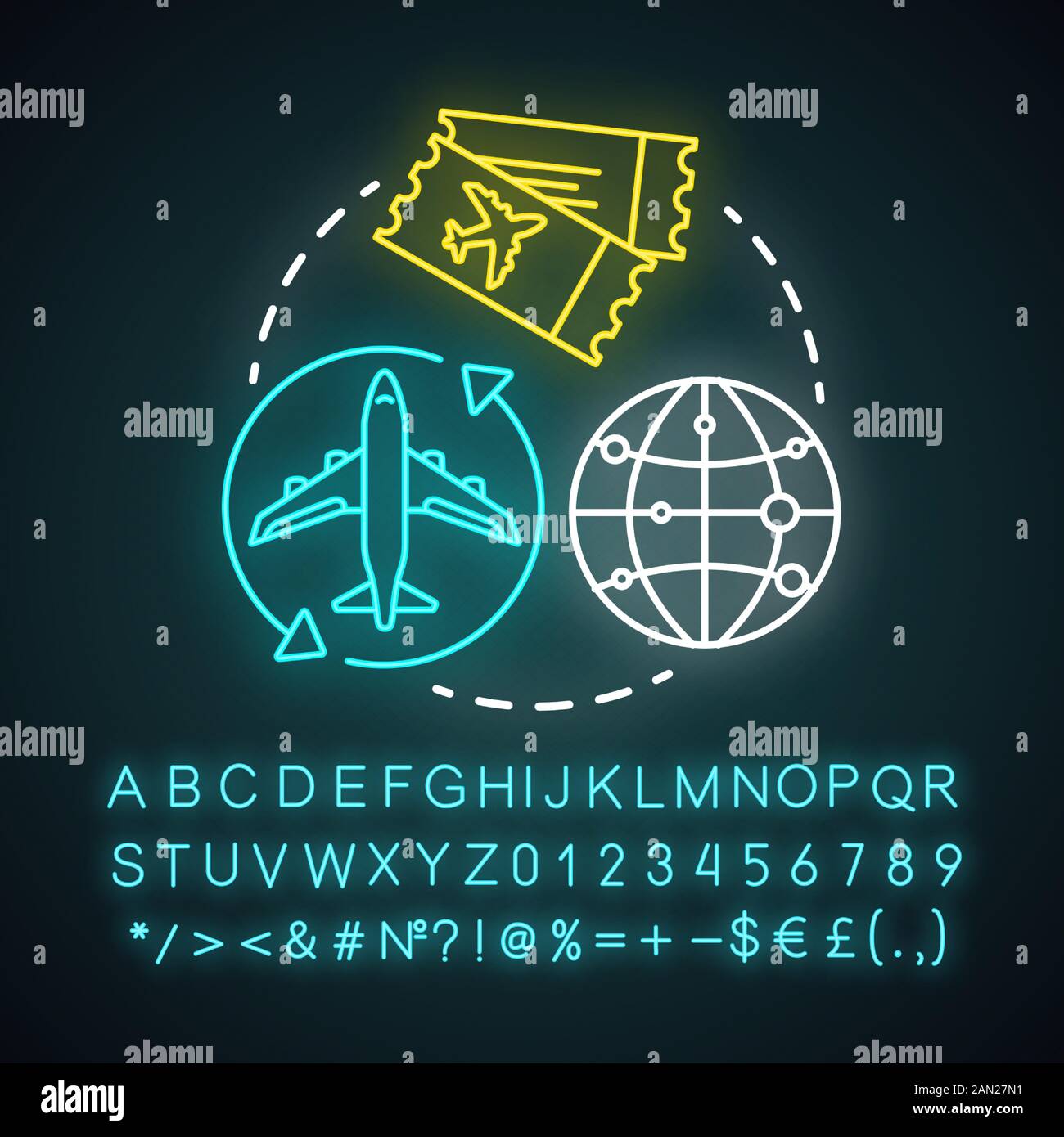 Symbol für die Neonbeleuchtung von Flügen. Flugverkehr. Flugzeug fliegen. Tourismus, Reise. Internationale Fluggesellschaften, Tickets. Flugstrecken. Leuchtendes Zeichen mit Alphabet, n Stock Vektor