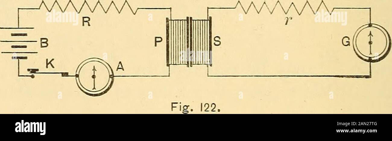 Elektrische MessungenA Laborhandbuch . "2 war ein weiterer induktiver Widerstand von 25,9 Ohm. In i?4 war die kleinere Spule (4:. 16 Ohm), in BS durch einen Teil des nicht induktiven Widerstands von Abb. 80. R5 und Bq werden von einer Gleitdraht-Brücke erformiert, wobei der Punkt B der Schlitzkontakt ist. Die erste Balance wurde durch Verschieben des Kontakts an B und die zweite durch Einstellen der Widerstandsregler B erreicht. I?? War eine Widerstandsbox und war 200 Ohm für eine Balance mit variablen Strömen. Dann ii ^ 57 4- 200 81,1 ^ ^.^gli 200 * 25,9 - -^ • Aus dem letzten Experiment, 122. Gegenseitige Induktion/ - Gegenseitige Induktion ist Stockfoto