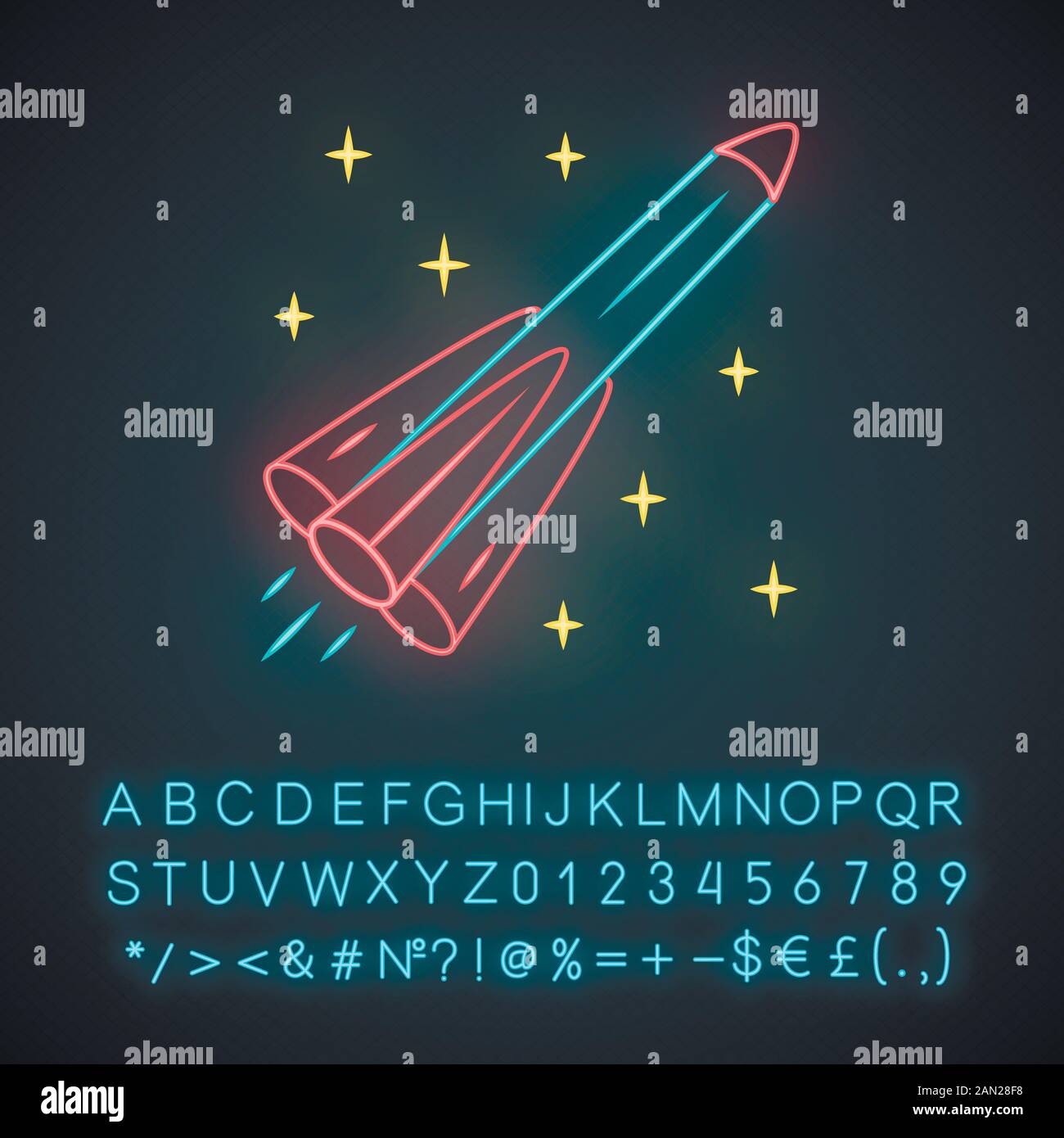 Symbol für Neonlicht der Rakete. Flugkörper, Raumfahrzeuge, Flugzeuge. Raumflug durch Menschen. Weltraumforschung. Interplanetarische Reise. Leuchtendes Zeichen mit Alphabet, Zahl Stock Vektor