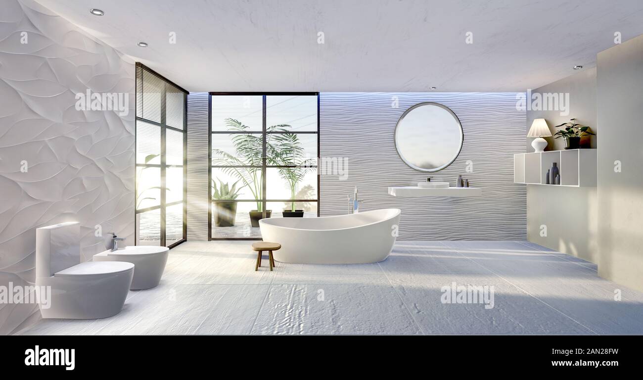 3D-Darstellung der modernen Bad mit runder Badewanne. Keramik Waschbecken und runder Spiegel mit strukturierter Sanddüne Fliesen. Groben weißen Bodenfliesen. Badewanne ne Stockfoto
