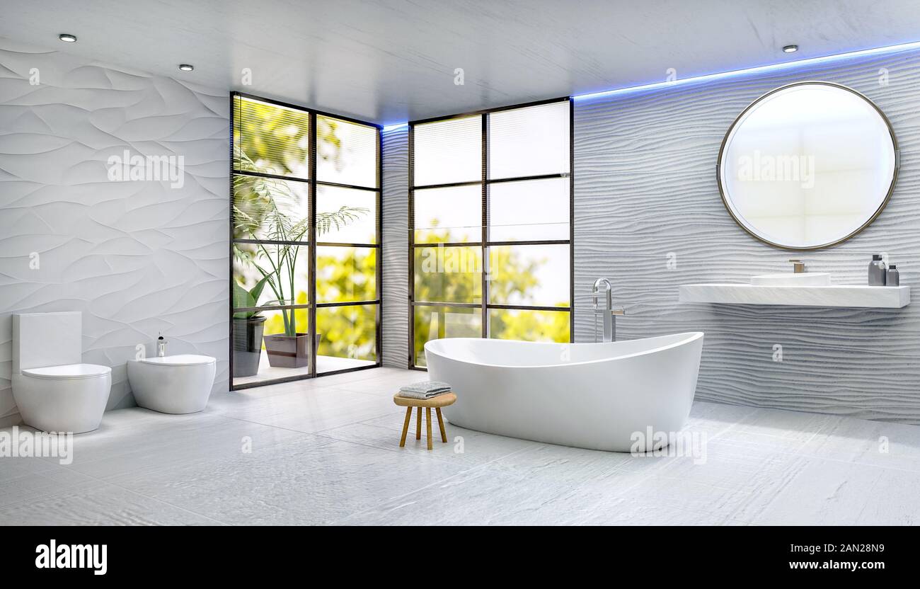 3D-Darstellung der modernen Bad mit runder Badewanne. Keramik Waschbecken und runder Spiegel mit strukturierter Sanddüne Fliesen. Groben weißen Bodenfliesen. Badewanne ne Stockfoto