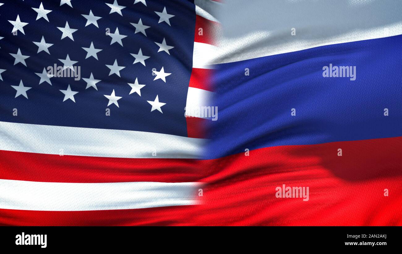 Usa und Russland flags Hintergrund, diplomatischen und wirtschaftlichen Beziehungen Stockfoto