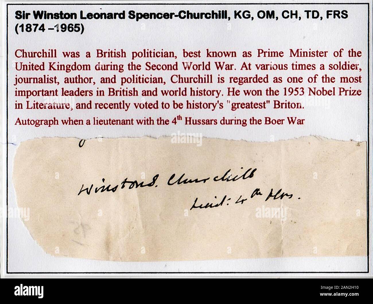Signatur von Sir Winston Leonard Spencer-Churchill (1874-1965), britischer Staatsmann, Offizier und Schriftsteller Stockfoto