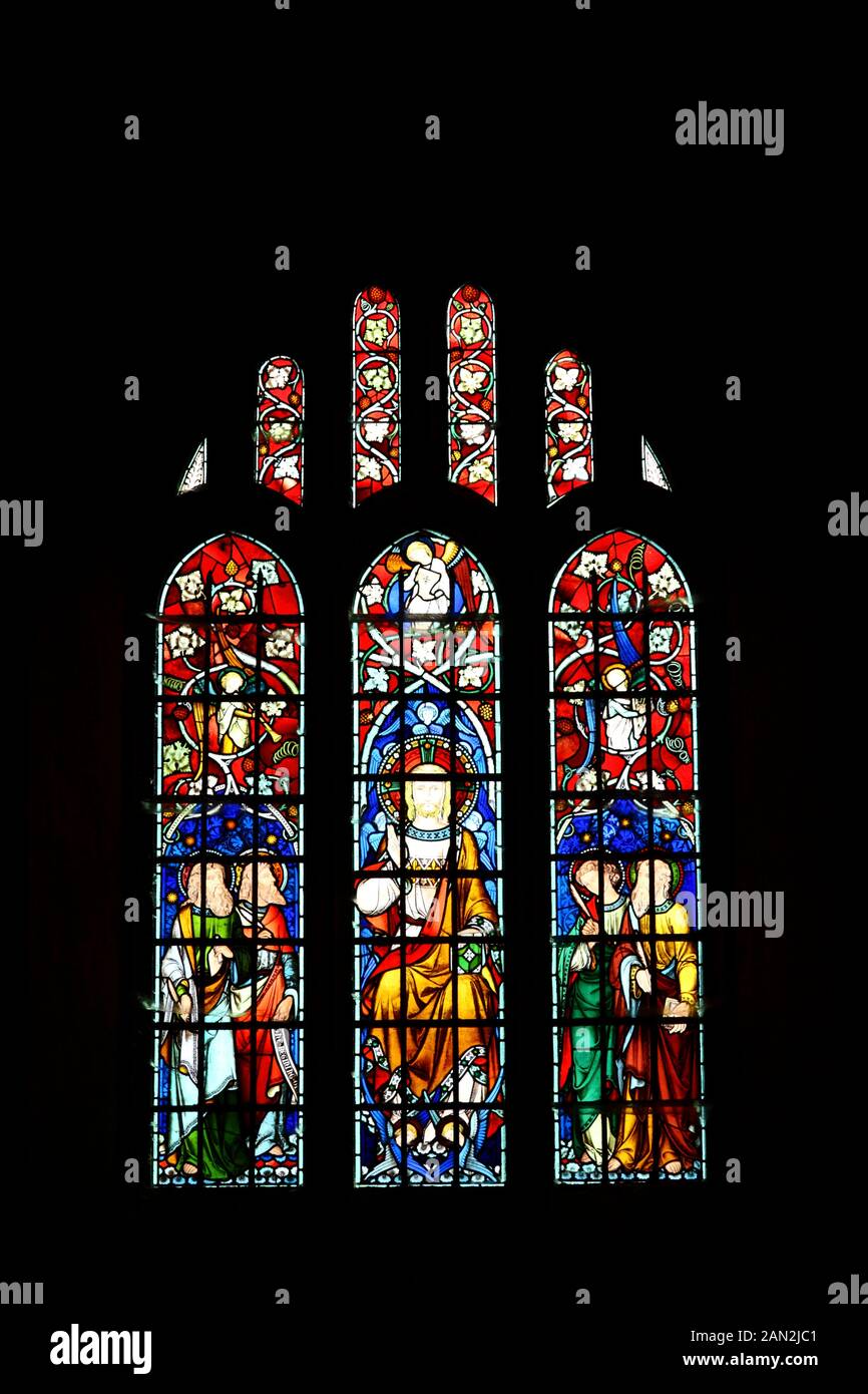 Detail des Buntglasfensters von St Mary's Church, Chiddingstone, Kent, England Stockfoto