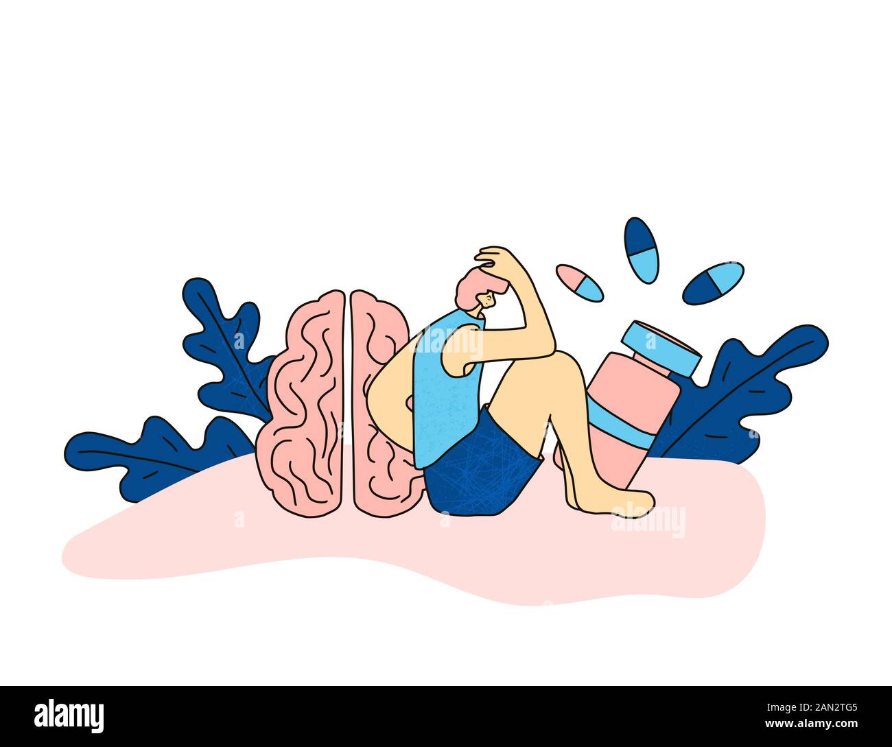 Mentaler Disoder. Psychologische Fragen. Person, die auf dem Boden sitzt und in der Nähe eines riesigen menschlichen Gehirns und Pillen denkt. Mann, der an einer Verhaltens-Disorde iss leidet Stock Vektor