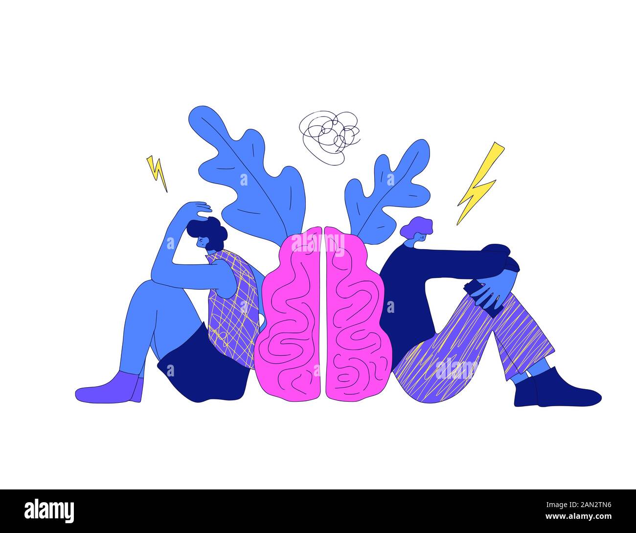 Denkkonzept. Psychologische Fragen. Junge Menschen sitzen auf dem Boden in der Nähe eines riesigen Gehirnsymbols, wobei Kopfschmerzen auf weißem Hintergrund isoliert sind. Männer suchen Stock Vektor