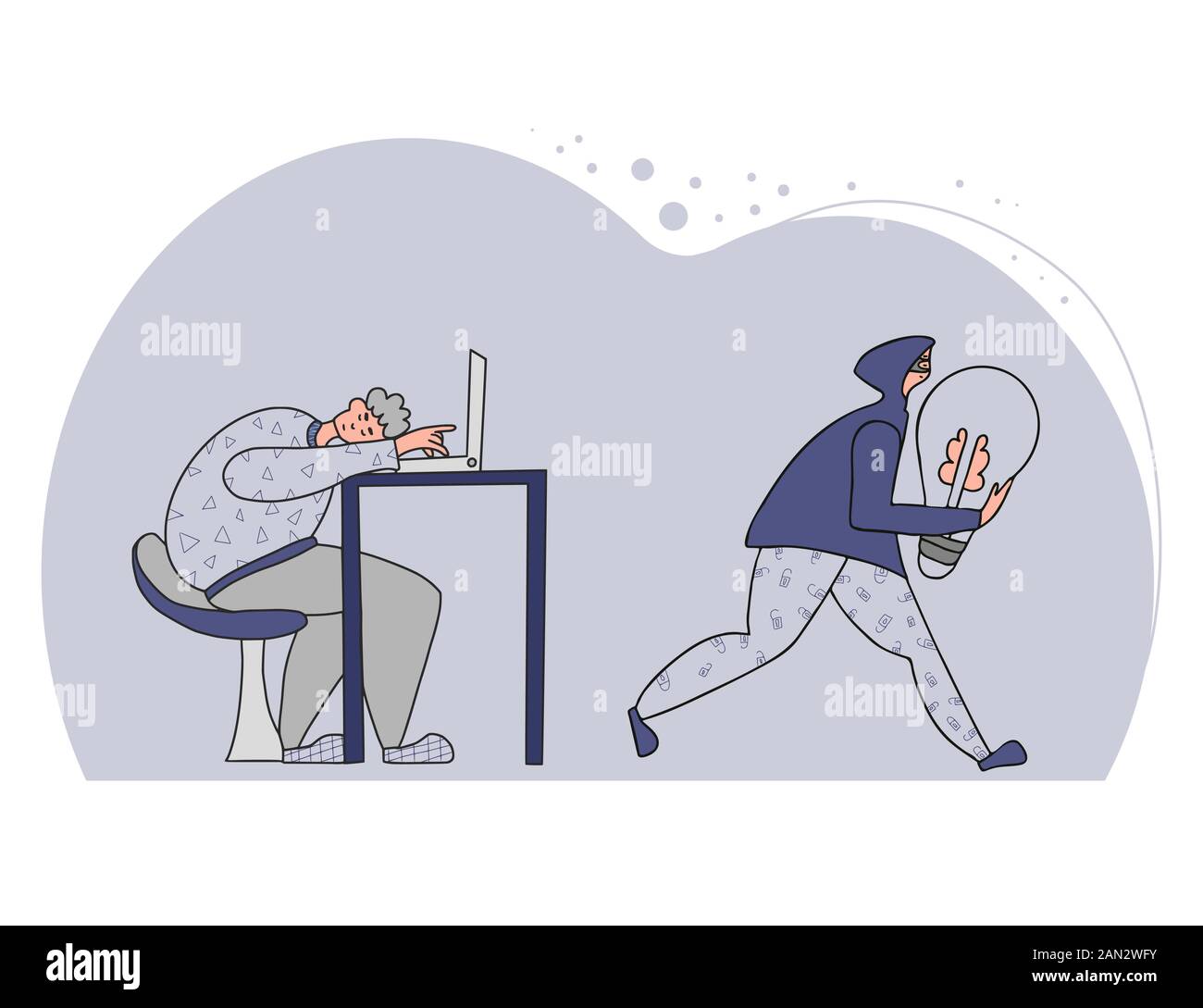 Plagiatskonzept. Ein Müde Mann, Der Eine Idee Erschaffen Hat, Und Ein  Pirat, Der Diese Metapher Stiehlt. Dieb In Maske Und Haube, Der Mit Einer  Gestohlenen Glühbirne In Der Hand Wegläuft Stock-Vektorgrafik -