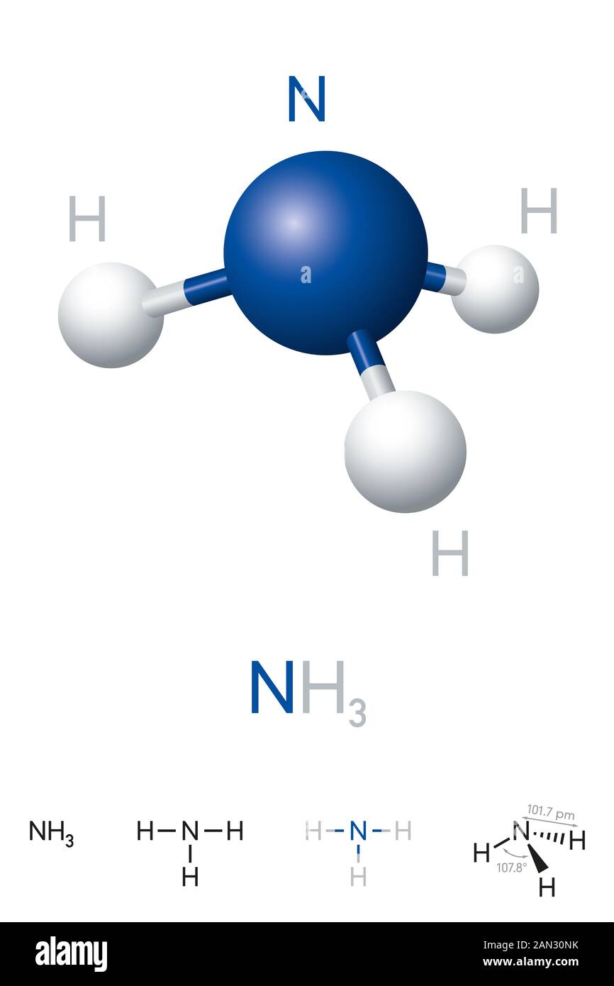 Ammoniak, NH3, Molekularmodell und chemische Formel. Chemische Verbindung von Stickstoff und Wasserstoff. Ein farbloses Gas. Ball-und-Stock-Modell. Stockfoto