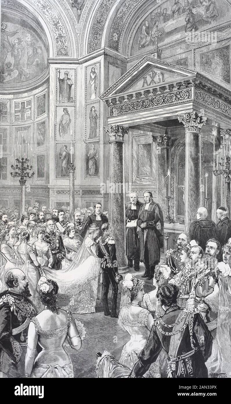 Die Königliche Hochzeit in Berlin, die Trauung in der Königskapelle, Augusta Victoria von Schleswig-Holstein und Prinz Wilhelm von Preßburg, / die königliche Hochzeit in Berlin, die Trauung in der Kapelle des königstreuen Schloss, Augusta Victoria von Schleswig-Holstein und Prinz Wilhelm von Preußen, historisch, Digitale verbesserte Wiedergabe eines Originals aus dem 19. Jahrhundert / Digitale Produktion einer Originalanlage aus dem 19. Jahrhunderts Stockfoto