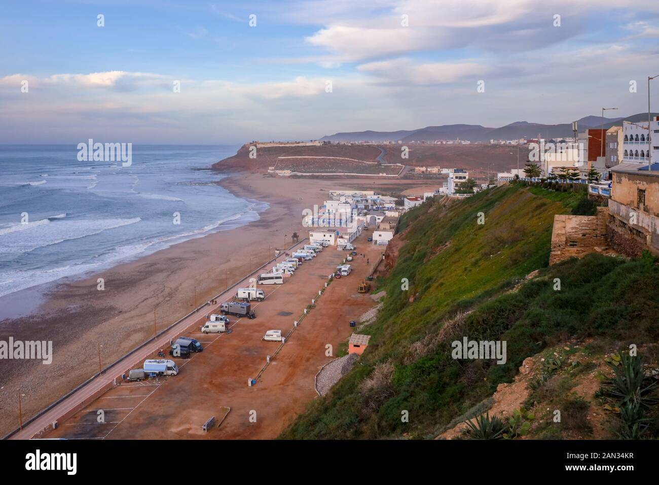 Sidi Ifni Campingplatz Camping el Barko am Strand, Süden von Marokko, Afrika Stockfoto