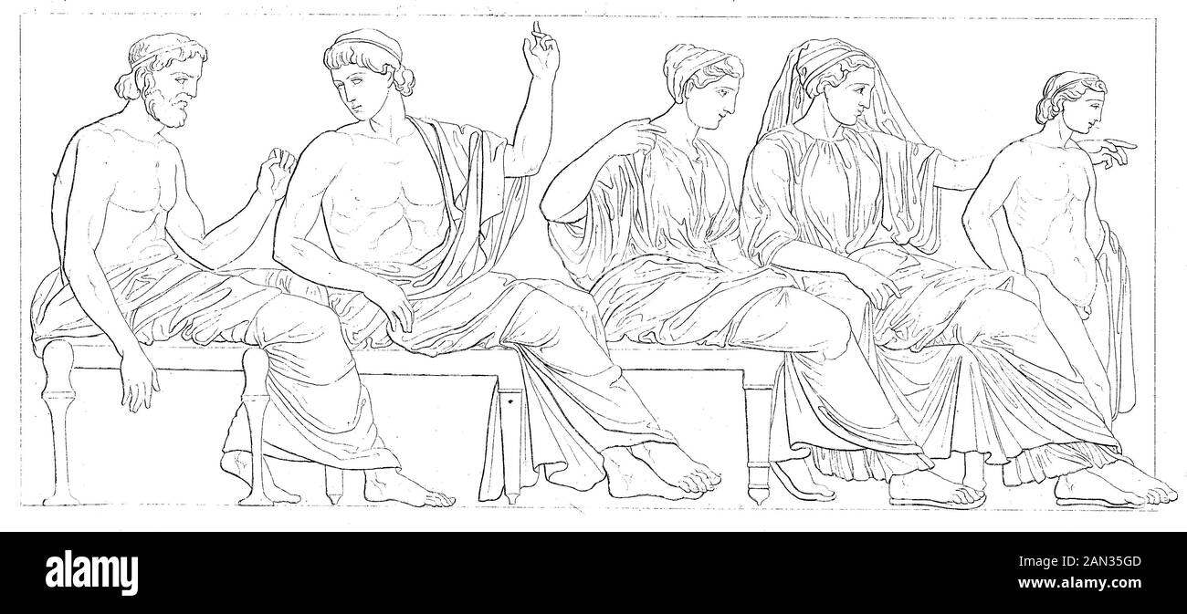 Am Frieze des Parthenon, einem ehemaligen Tempel, auf der athenischen Akropolis, Athen, Griechenland, / am Parthenonfries, einem einemalen Tempel auf der Athener Akropolis, Athen, Griechenland, historisch, digital verbesserte Wiedergabe eines Originals aus dem 19. Jahrhundert / Digitale Reproduktion einer Originalvorlage aus dem 19. Jahrhundert. Jahrhunderts Stockfoto