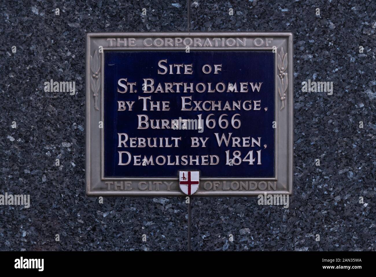 Plakette an der Stelle St Bartholomew an der Börse Stockfoto