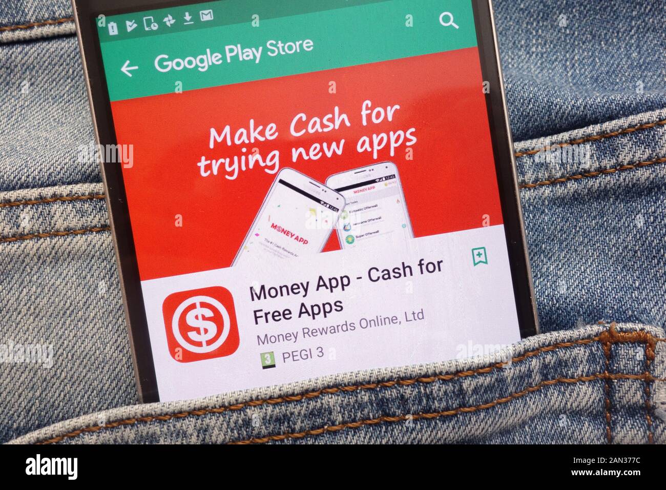 Geld App - Cash für kostenlose Apps bei Google Website Play Store auf dem Smartphone in Jeans Tasche versteckt angezeigt Stockfoto