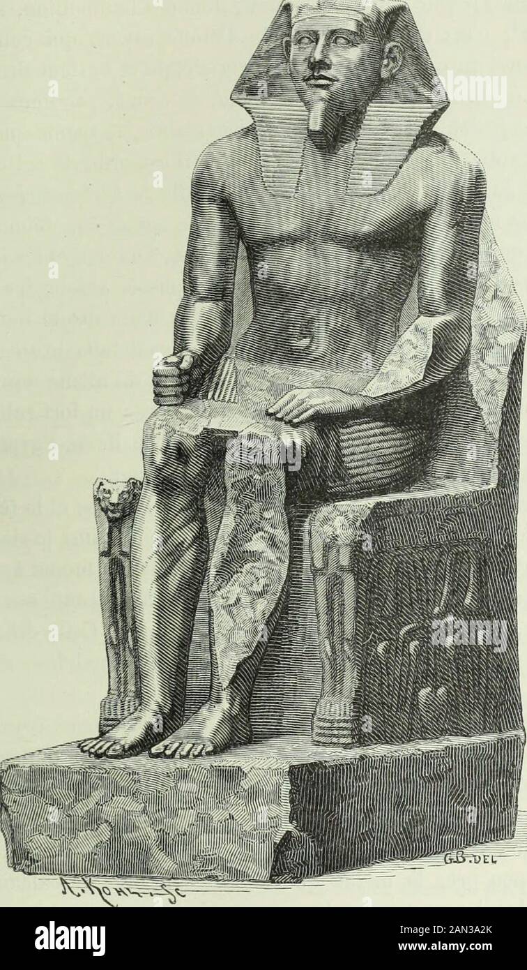 Die Histoire de l'Art dans l'antiquité: Égypte, Assyrie, Perse, Asie Mineure, Grece, Etrurie, Rom . US ou moins élevé, cétait assez du calcaireou du bois; mais, quand il sagissait dimmortalizer luste personnedu monarque, légeil et le généré et le plus le généré et le et le plus matière à. à son défaut, quand elle voulaitfaire honeur à ses modèles, elle employait ces roches plutonienneque leur grain serré et que le somber éclat des tons quelles prennentsous le polissoir rapprochent du métal. La lenteur et la difficulté dutravail quexigeait lextrême densité de ces pierre Stockfoto