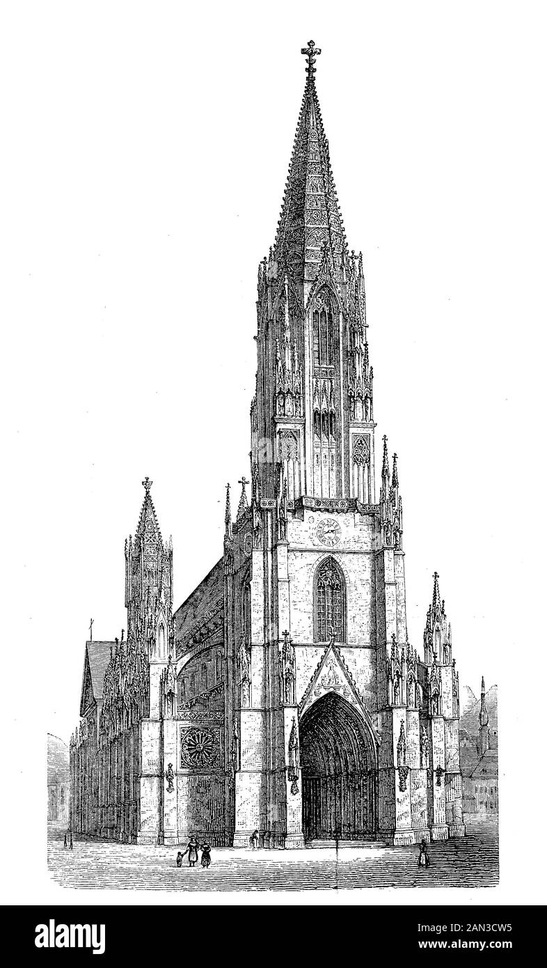 Freiburger Münster, Freiburger Münster oder Münster Unter Liebe Frau, dem Dom zu Freiburg im Breisgau-Südwesten Deutschland, / Freiburger Münster, Freiburger Münster oder Münster Unter den Lieben Frau, die Kathedrale von Freiburg im Breisgau, Südwestdeutschland, historisch, Digitale verbesserte Wiedergabe eines Originals aus dem 19. Jahrhundert / Digitale Produktion einer Originalanlage aus dem 19. Jahrhunderts Stockfoto