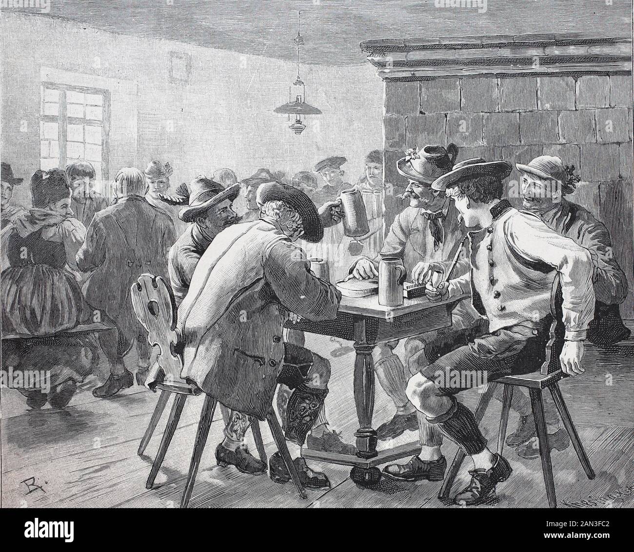 Taverne in Bayern, Deutschland, Bier trinkende Männer, / Wirtshaus in Bayern, Deutschland, Männer, die Bier trinken, historisch, digital verbesserte Wiedergabe eines Originals aus dem 19. Jahrhundert / Digitale Produktion einer Originalanlage aus dem 19. Jahrhunderts Stockfoto