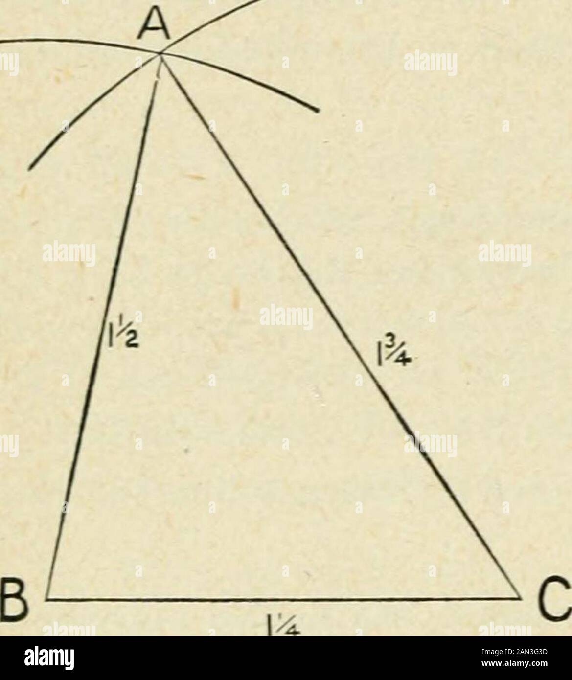 Geometrie der Elementarebene: Induktiv und deduktiv / von Alfred Baker . in AD, BE, CF.welche Linien in der Abbildung sind bisziert? Welche Dreiecke sind isosceles?welche Winkel sind rechtwinklig? Wie viele rechtwinklige Dreiecke gibt es? 18. Konstruieren Sie ein Dreieck ABC (BC = 47, CA = 40, ab = 27 Milli-Meter). Auf der anderen Seite von BC konstruieren Sie DBC mit DB = AC,und DC = ab; auf der anderen Seite von AC konstruieren EAC mit EC = ab,und EA = BC; auf der anderen Seite von ab konstruieren FAB mit FA = BC,und FB = AC. AD BEITRETEN, BE, CF. Wie sind die Positionen von DC und CE zueinander, auch EA, AF und FB, B. Stockfoto