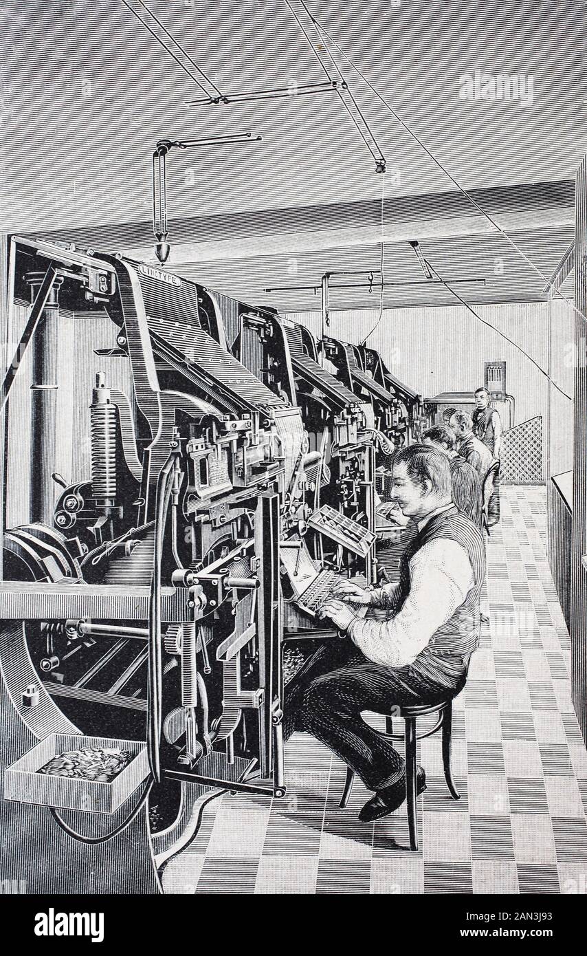 Linotype Simplex-Maschine, im Jahr 1895, eine von der Firma Mergenthaler-Linotype, Linotype Simplex-Maschine, im Druck verwendete Liniengussmaschine, im Jahre 1895, eine Strichgießmaschine für den Druck, die von der Firma Mergenthaler-Linotype vertrieben wir, historisch, Digitale verbesserte Wiedergabe eines Originals aus dem 19. Jahrhundert / Digitale Produktion einer Originalanlage aus dem 19. Jahrhunderts Stockfoto