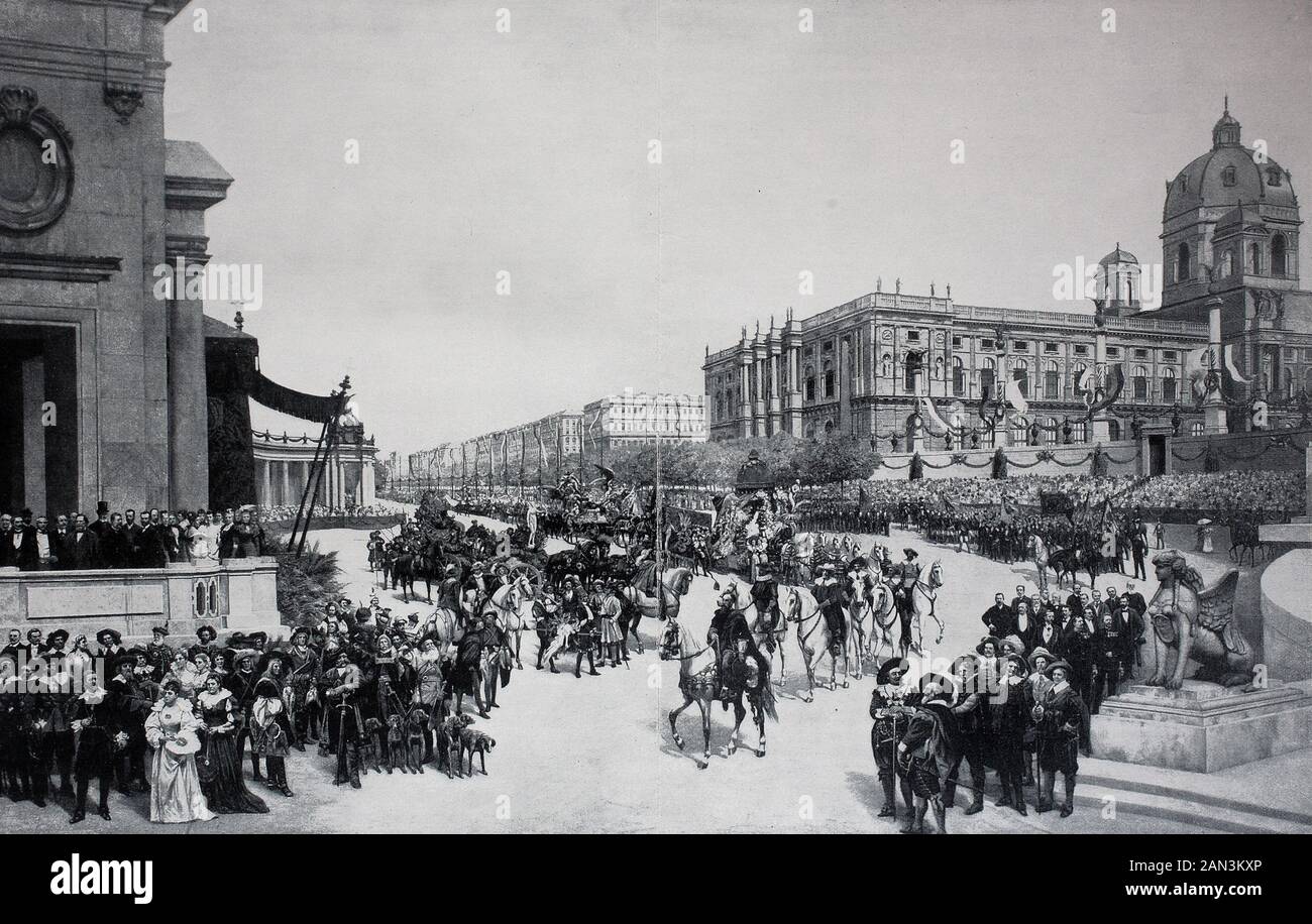 Anlässlich der Silberhochzeit des österreichischen Kaiserpaares am 24. april 1879, Franz Joseph I. und Elisabeth von Österreich, / Festzug zur Silberhochzeit des österreichischen Kaiserpaares am 24. April 1879, Franz Joseph I. und Elisabeth von Österreich, historisch, digital verbesserte Wiedergabe eines Originals aus dem 19. Jahrhundert / Digitale Produktion einer Originalanlage aus dem 19. Jahrhunderts Stockfoto