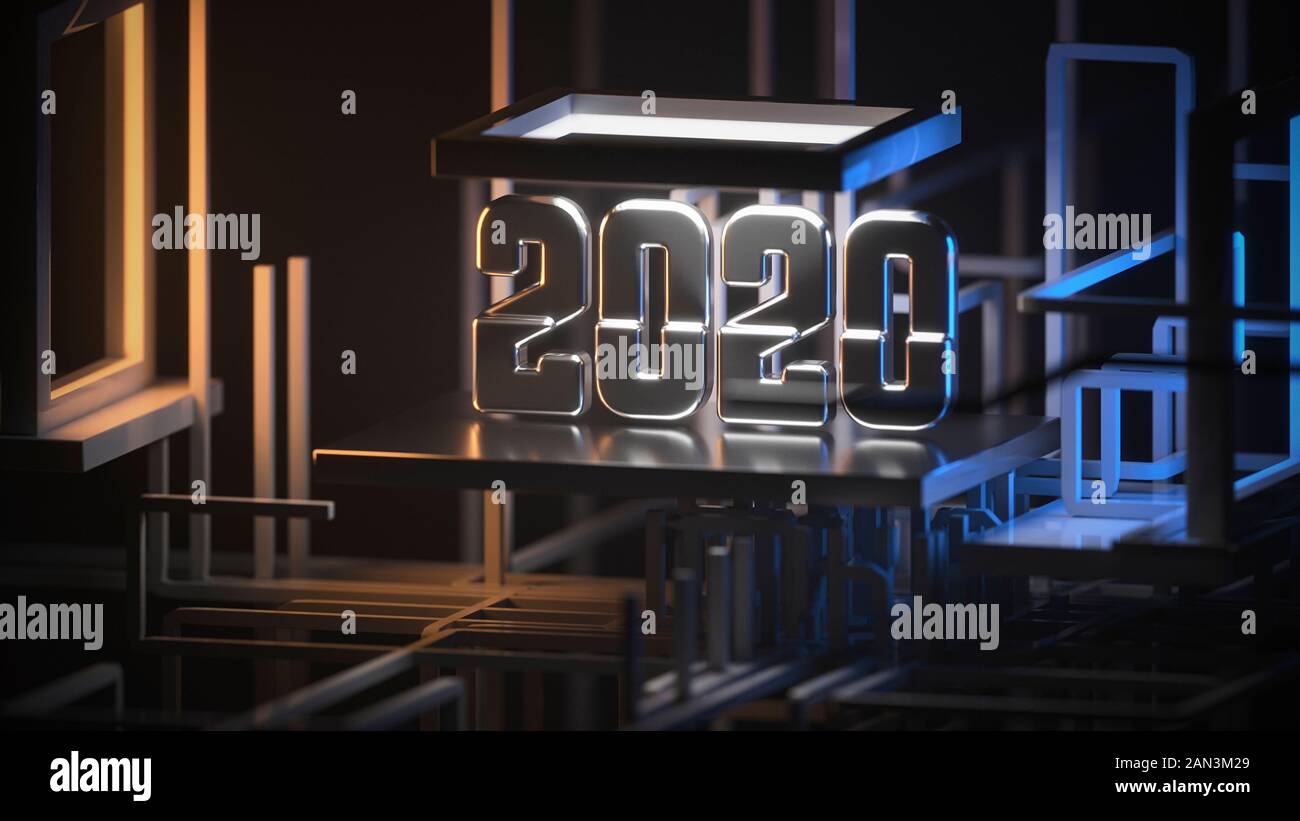 2020 Neue Jahr text Design von Stahl und umgeben Rohrnetz auf futuristische High-Tech-sonstruction Website grafik hintergrund Kommunikation Struktur Stockfoto