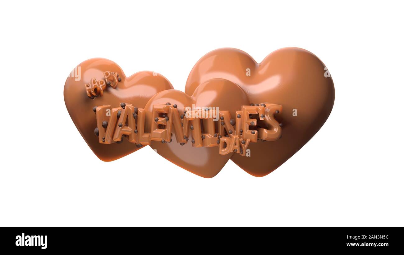 Happy Valentine's Day Schriftzug mit drei Herzen hinter Aus süße Schokolade oder Karamell. 3d-Abbildung auf weißem Hintergrund. Stockfoto
