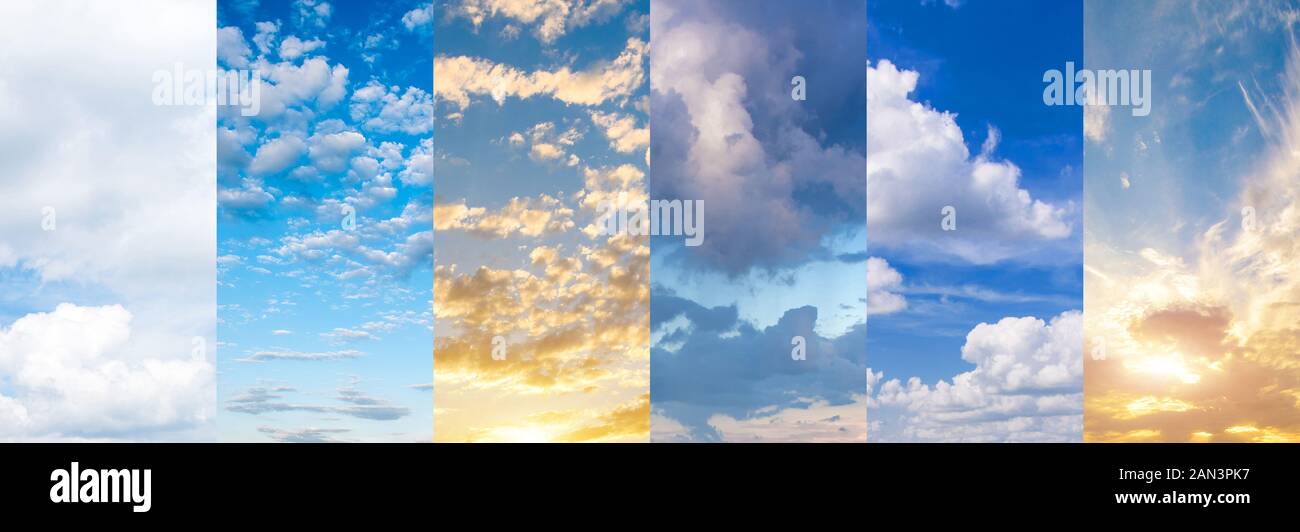 Collage von Hellen, schönen Himmel mit wunderschönen Sonnenuntergänge und Sonnenaufgänge Wolken. Bilder mit verschiedenen Arten von Wolken zu verschiedenen Tageszeiten. Stockfoto