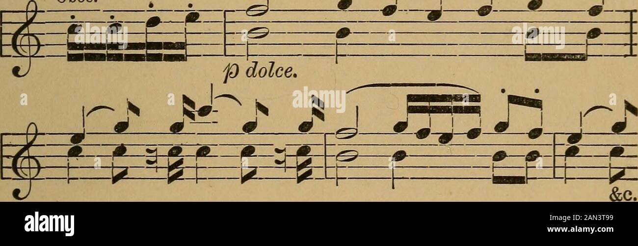 Beethovens siebte Sinfonie . Dies führt zu einem dritten völlig neuen Thema, dem Schlüssel von C-Major, der von den Flöten, Oboen und Bassoons vergeben wird, also: -Nein 3. J- Oboe. Die würde, Originalität und Anmut dieses Thirdthemas, besonders wenn es pici7iissimo von theFiddles wiederholt, mit einem anmutigen absteigenden Arpeggio, um es zu verführen, und einer köstlichen Begleitung in den Oboesand Bassoons, wie so: - Nr. 3a. Stockfoto