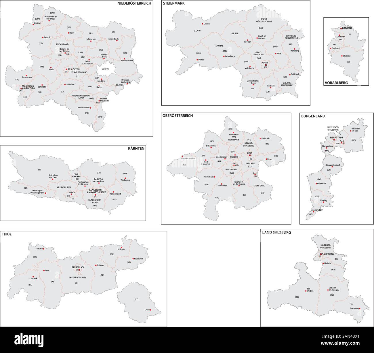 Verwaltungskarten der österreichischen Bundesländer in deutscher Sprache Stock Vektor