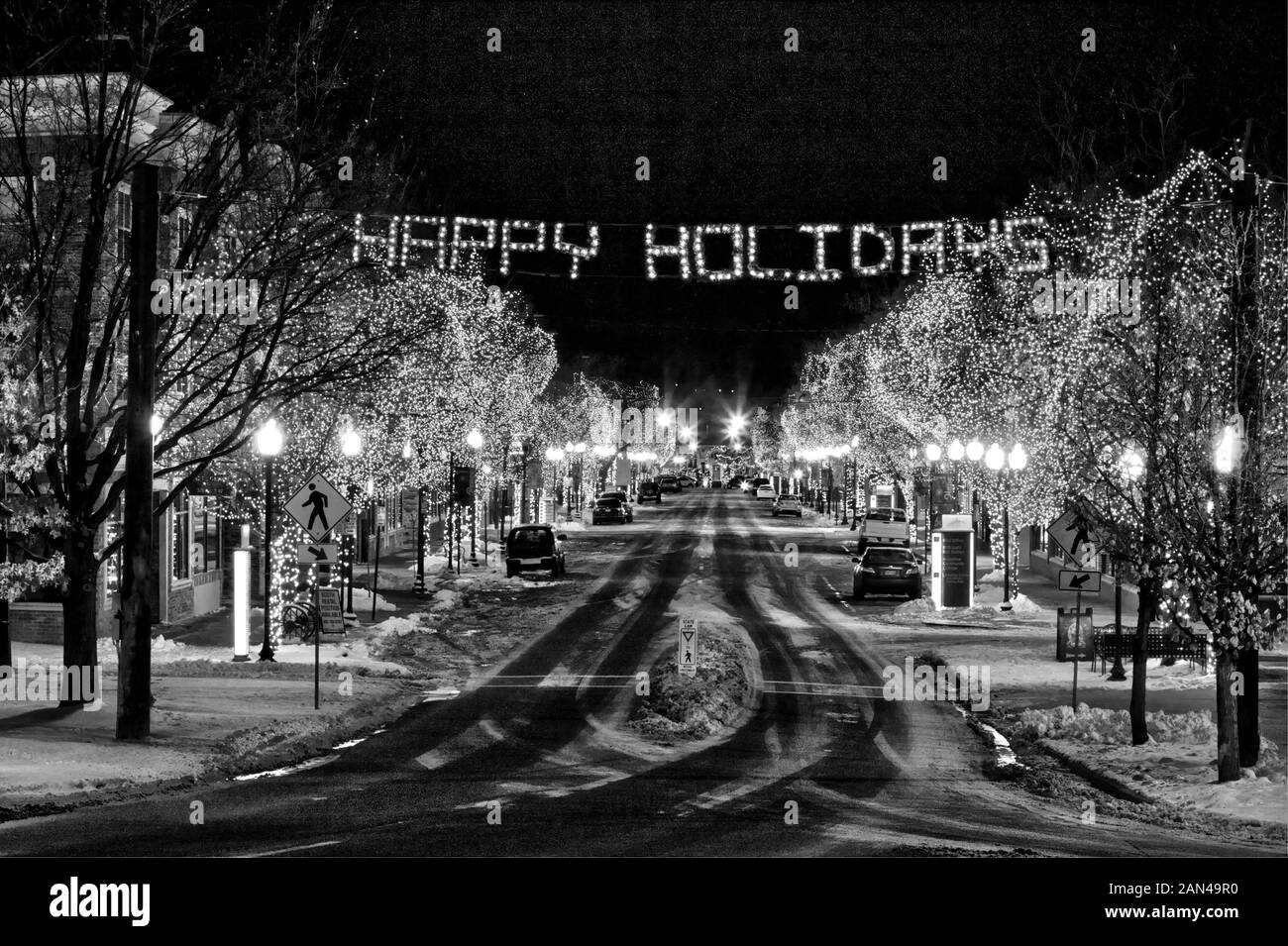 Die Innenstadt von Littleton, Colorado für die Weihnachtszeit dekoriert. Stockfoto