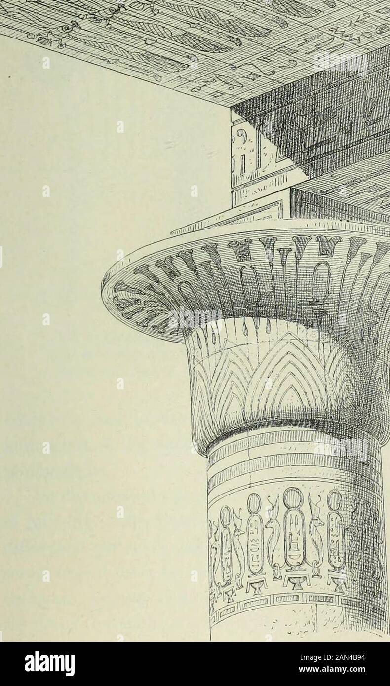 Histoire de l'Art dans l'antiquité: Égypte, Assyrie, Perse, Asie Mineure, Grece, Etrurie, Rom. - m. < 347. - Chapiteau campaniforme. Ramesséum. Salle Hypostil. Grand Ordr TYPEN GENERAUX des UNTERSTÜTZT. 571 que, dans dautres, les palmes séparent des fleurs de lotus à moitiépanouies. Enfin, le dé qui porte le chapiteau est ici beaucoup plusélevé que daus toutes les colonnes précédemment décrites, et, surses quatre faces, il présente le masque hathorique, surmonté dunpetit naos. Cette hauteur du dé, cette superposition du chapiteauhathorique au chapiteau cam-paniforme, cette Répétition duma Stockfoto