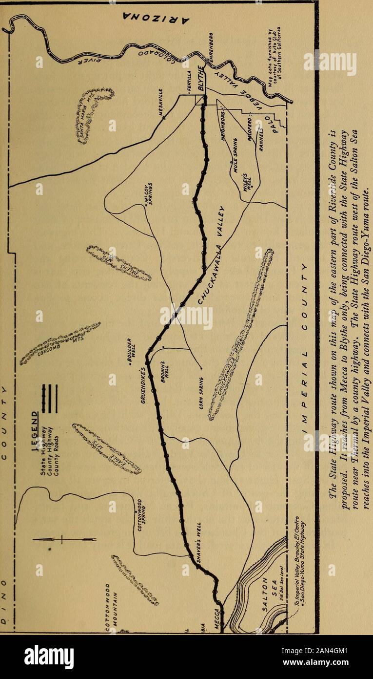 California Highways; eine beschreibende Aufzeichnung der Straßenentwicklung durch den Staat und durch solche Bezirke wie haben gepflasterte Highways . California Highways Flaherty vom Riverside County Board of Supervisors, der durch den Kampf, den er auflegte, eine Vielzahl von Freunden machte, um diese Straße in den Bindungsplan einzuschließen und durch reine Stransistenz von Anfang an gewann, die ihm keine Chance zu geben schien. Wie anhand der beigefügten Karte zu sehen ist, verbindet das im Rahmen der Anleiheausgabe entwickelte Theroadsystem River-side, den Sitz der Grafschaft, mit jeder Stadt im Landkreis und alsoconnects mit den Straßensystemen von Orange und San Dieg Stockfoto