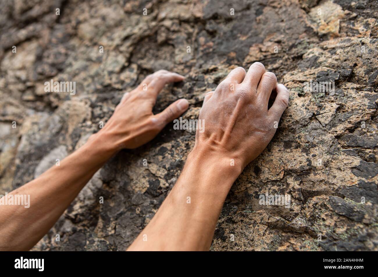 Eine Detailansicht der straff und muskulös männliche arme Skalierung von einem steilen Felsen. Der Mensch versucht, Klettern. Abenteuer und Erfolg während der Freizeitgestaltung Stockfoto