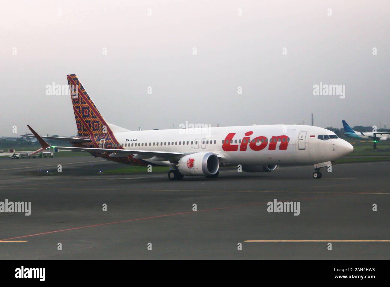 Abbildung: Boeing 737-8 max PK-LQJ von Lion Air in Pontianak Stockfoto
