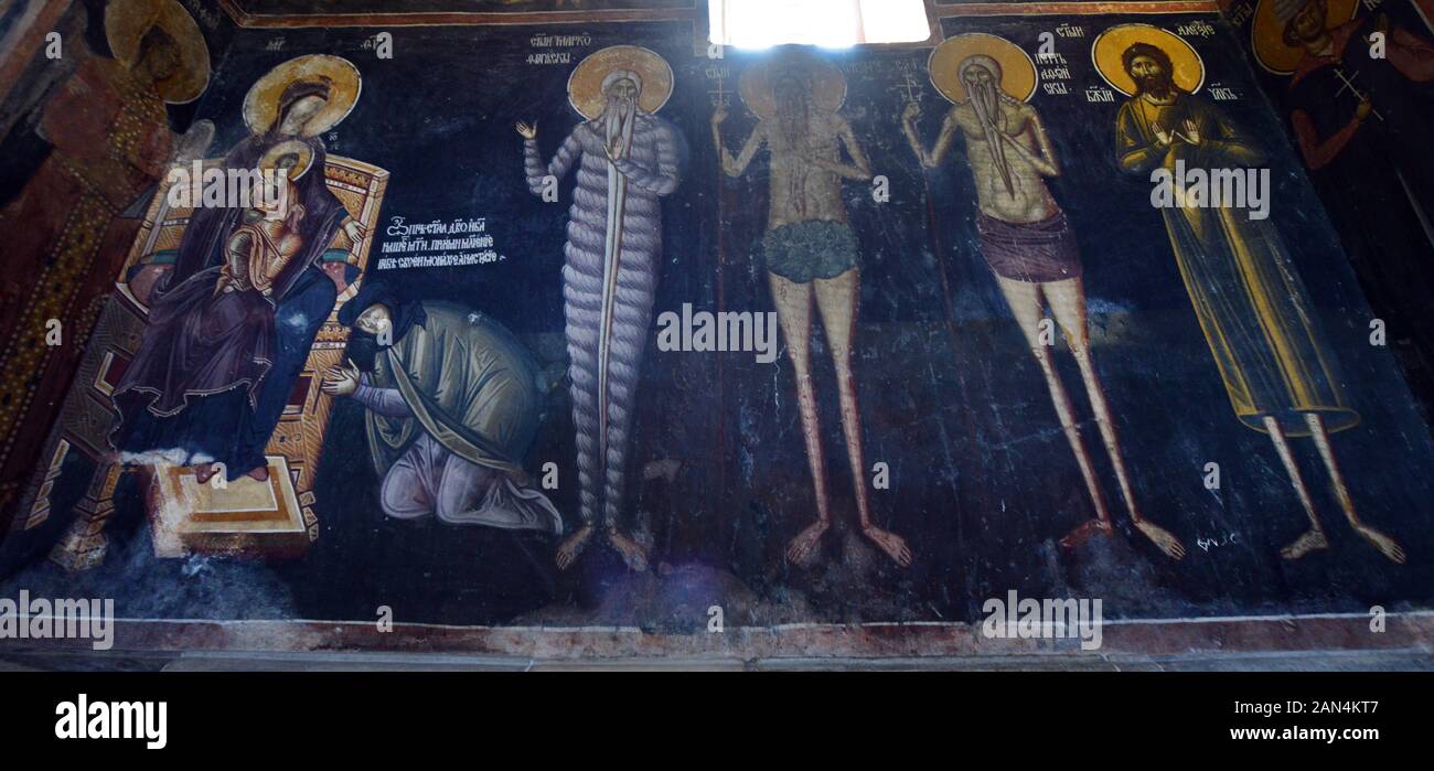 Wandbilder im 12. Kloster Serbisch-orthodoxe Studenica in Serbien. Stockfoto