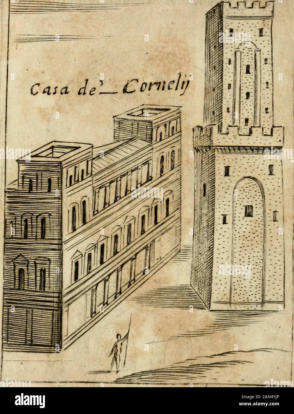 Ritratto di Roma antica: nel figvrati qvale sono i principali tempij, Theatri, anfiteatri, cerchi, naumachie, Archi trionfali, curie, Basilika, colonne, ordine del Trionfo, dignita Militari, e cerimonie ciuili, Riti, & altre cose di nuouo aggiuntoui notabili: Le vite, & effigie de 'Primi rè di Essa, e le grandezze dell'Imperio Romano, con l'esplicationi istoriche de' piu celebri antiquarij. DelU-itìo ROMA Tprrc JMMthhei Casa de^ ConìcìiJ. DdU Torre delle Mtlhie, e della Cafa de Cornelij, Il Monte Quirinale prcfe Il Nome da vn Tempio diQuirino, il quale Ära in quefto Monte, ouero daQui * Rufz Stockfoto