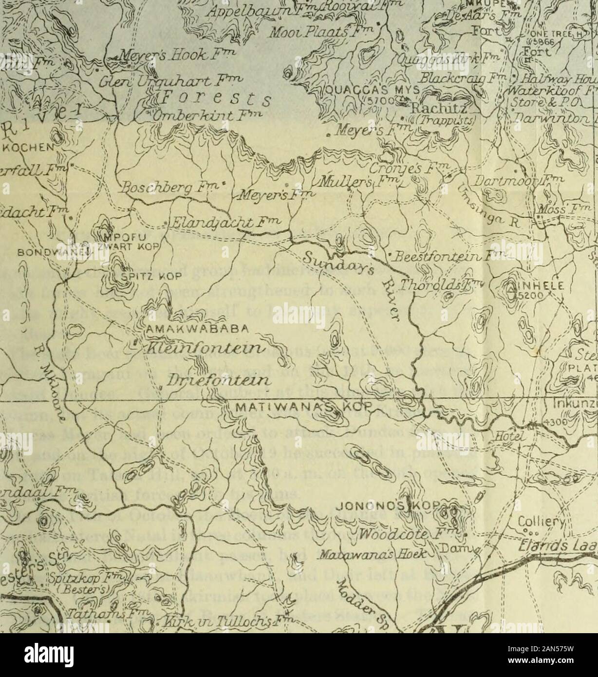 Berichte über Militäroperationen in Südafrika und China. s der Britischen fiel zurück vor Ihnen, verzichten beide Charlestown und Newcastle. Die transvaal Truppen sehr vorsichtig - zu cau-tiously, aus strategischer Sicht. Eine ganze Woche passedbefore sie in Kontakt kam, am 19. Oktober mit dem advanceddetachment der Glencoe Camp, kommandiert von GeneralSymons. Villjoen allein schnell marschierten. Auf der 19. Er hatte reachedthe Eisenbahnlinie, Ladysmith-Glencoe, zwischen den beiden Brit-ish Kräfte, wo er einen Zug verladen mit provisionsand erfasst die Eisenbahn zerstört bei elandslaagte. Die comm Stockfoto