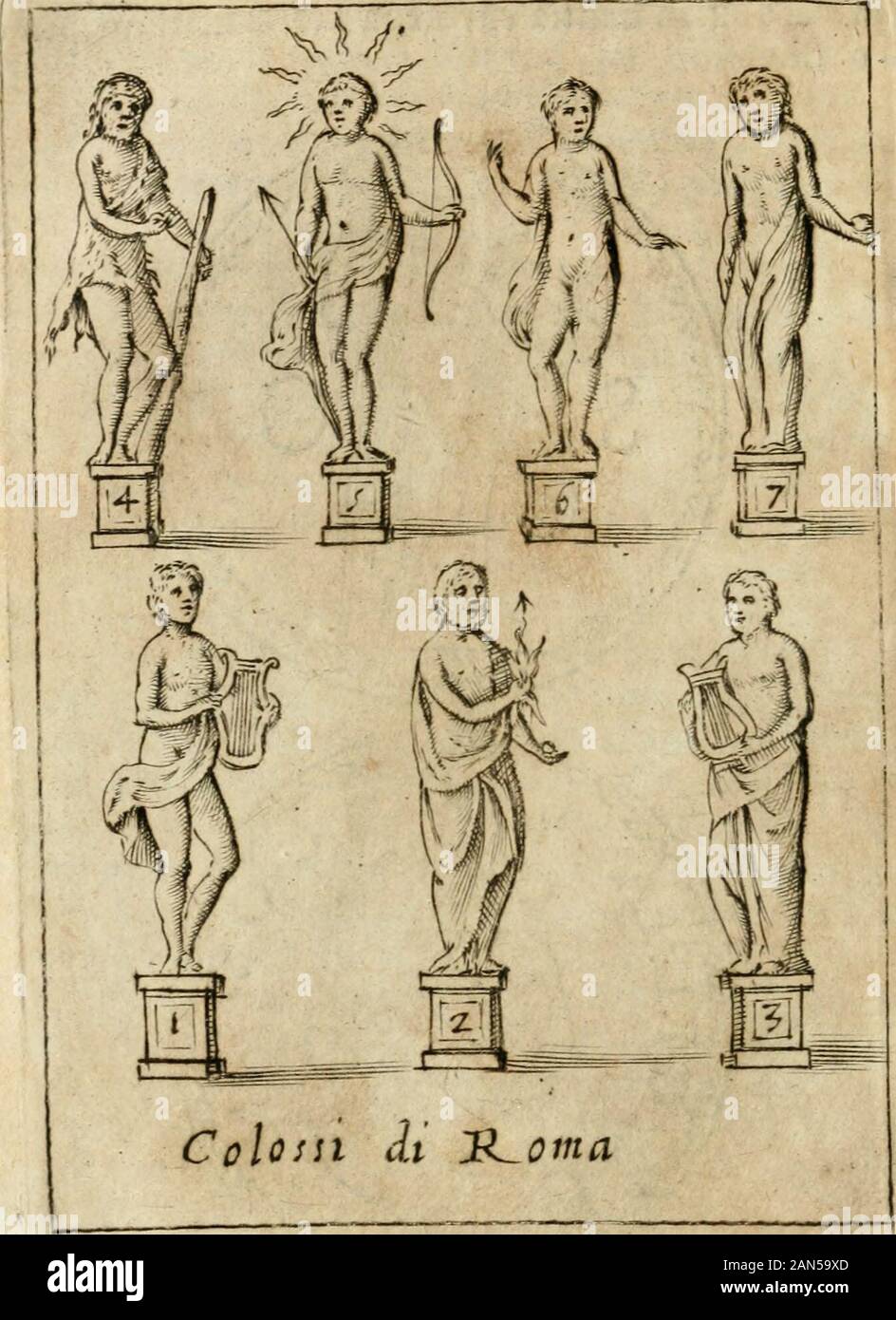 Ritratto di Roma antica: nel figvrati qvale sono i principali tempij, Theatri, anfiteatri, cerchi, naumachie, Archi trionfali, curie, Basilika, colonne, ordine del Trionfo, dignita Militari, e cerimonie ciuili, Riti, & altre cose di nuouo aggiuntoui notabili: Le vite, & effigie de 'Primi rè di Essa, e le grandezze dell'Imperio Romano, con l'esplicationi istoriche de' piu celebri antiquarij. 2)^, 74 ROMA. De* Colofii ich e della Firma lor 0 l COIoffo è vocabolo Greco,& è detto dallo hcbeta-ire, cioè indebolire La vifta, kommen fcrìue Suìda, ò. vero kommen fcrìue Pompeo, da Colobo, che ne fu Ich! Primo Stockfoto