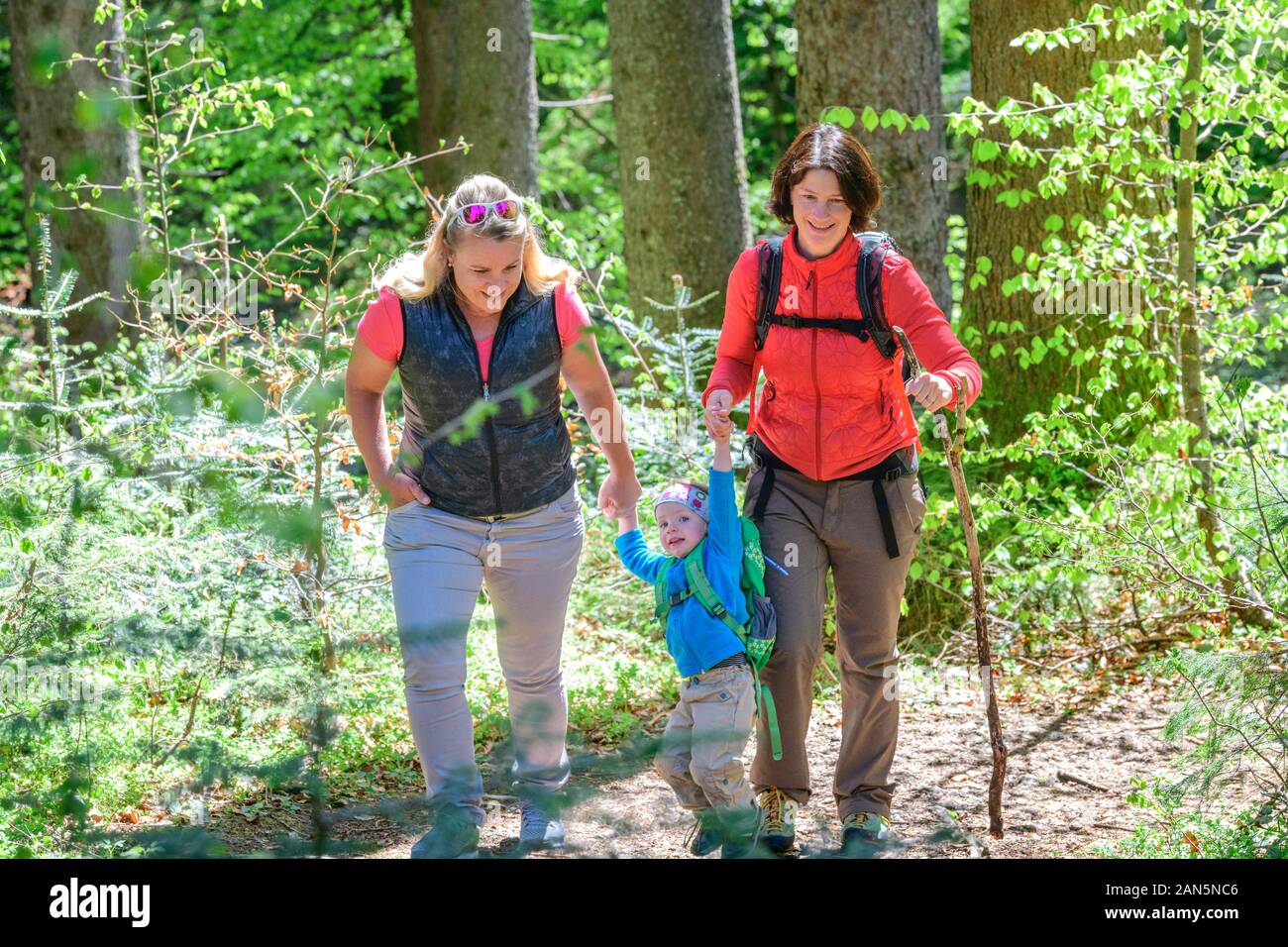 Familienwanderung im Frühling die Natur auf eine Art Adventure Trail in der Nähe von biessenhofen im oberen Allgäu Stockfoto