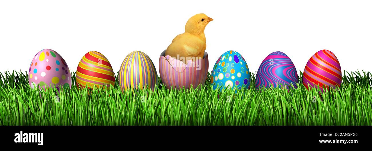 Ostern Küken und Eier mit einem Baby Vogel in einem offenen Eierschale mit 3D-Illustration Elemente. Stockfoto