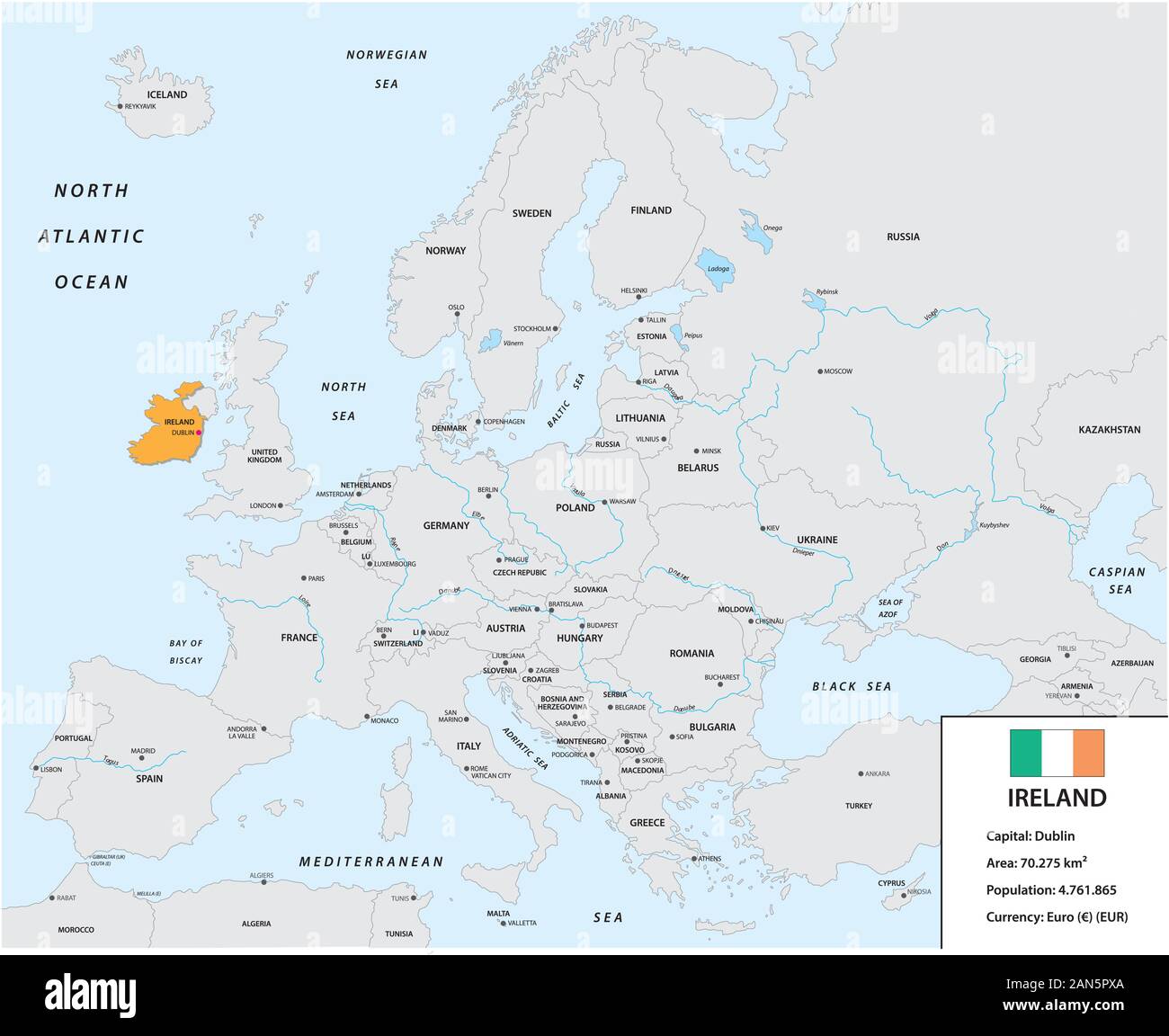 Lage von Irland auf dem Europäischen Kontinent mit kleinen und Flagge Stock Vektor
