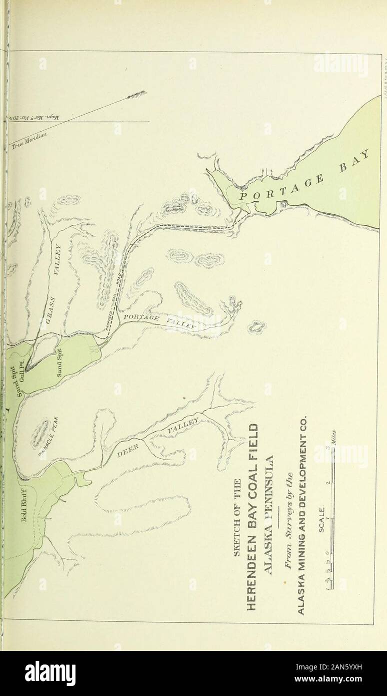 Jahresbericht des United States Geological Survey, dem Sekretär des Innenraums. DAIA.] Shumagin Inseln. 807 Unternehmen, von San Francisco, ein Muster der Kohle aus HerendeenBay war gesichert, die folgende Analyse: Analyse von Kohle aus herendeen Bay, Alaska. Prozent. Feuchtigkeit 3.4339.0047.4010.17 fluechtigen Bestandteilen nicht Feuchtigkeit Koks Asche, die Asche wurde von einer rötlichen Farbe und frei von Klinker, die Cola dulland leicht kohärent. Prozentsatz der Schwefel in die ganze Kohle, 0,44. Im Gegensatz zu der Arbeitsweise der anderen Alaskan Minen von Kohle so weit fest, diese Mine war Gegenstand Einfälle Stockfoto