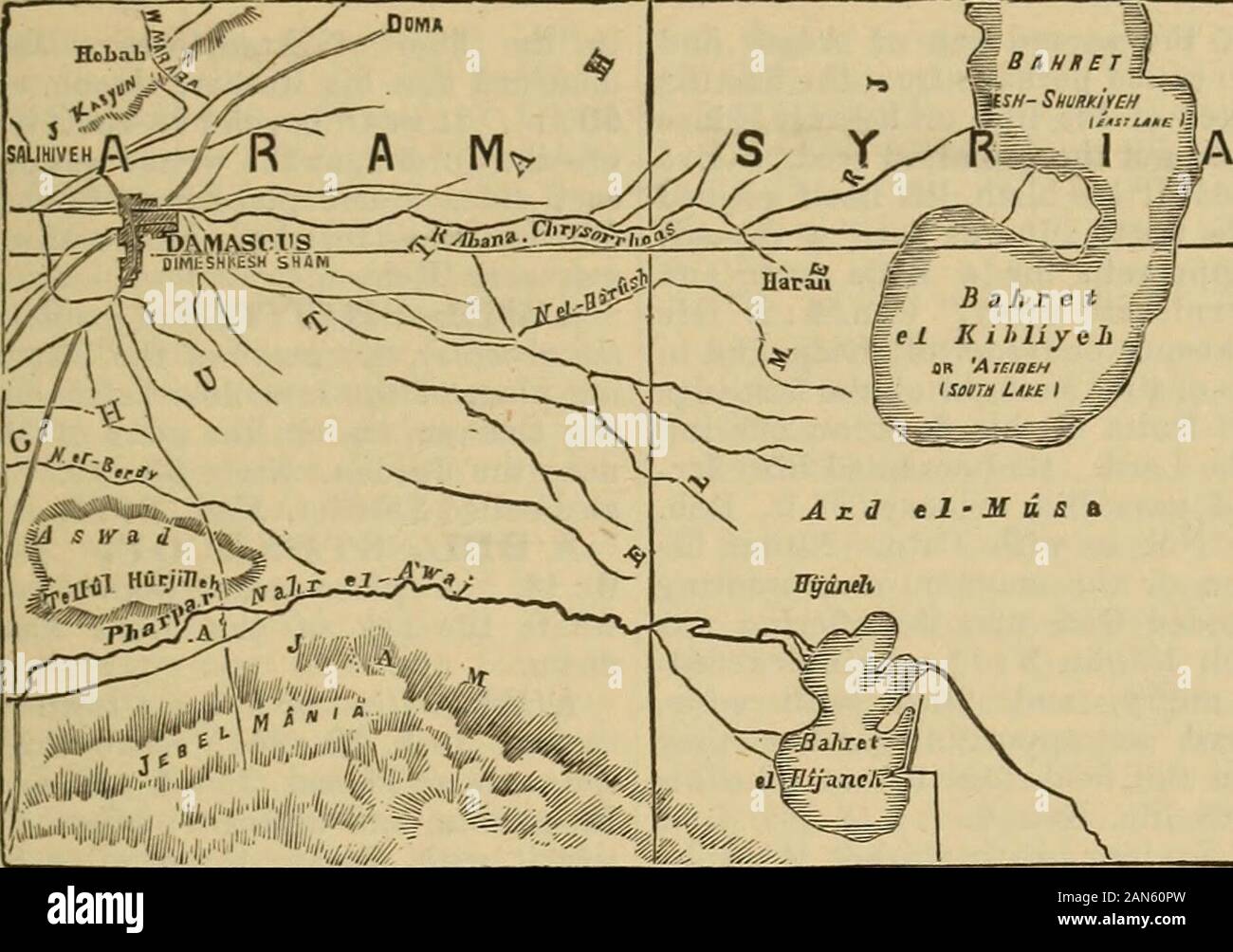 Ein Wörterbuch der Bibel.. . NA{steinig), ein Fluss, der Da-mascus, 2 Kg. 5:12 Und supposedto mit den Amana ofSong Sol identisch sein. 4:8. Wahrscheinlich die mod-ern Barada, die die Griechen calledthe Chrysorrhoas [Golden Stream). In den Bergen von Itrises Anti-Libanus, ca. 23 Meilen N. W. von Damaskus, runsthrough der Stadt in mehreren Streams orcanals, von dort über die Ebene, und 18 Meilen östlich von Damaskus fällt durch severalbranches in die sumpfigen Bahret-el-Kibliyeh, oder so genannte Wiese Seen. Der Fluss ist ein klares, klares, reichhaltig, andperennial Strom, und ist der Chef sourceof die Fruchtbarkeit des Stockfoto