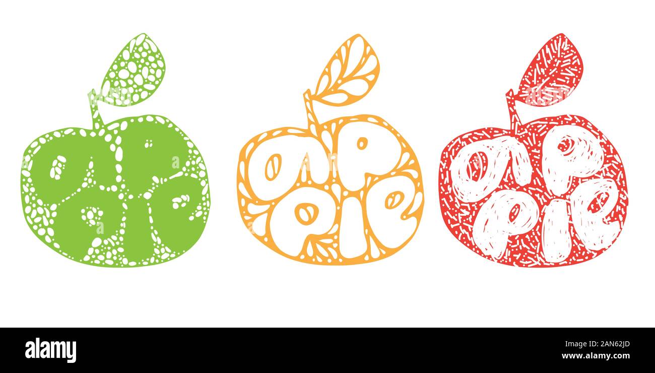 Grün, orange und rote Äpfel Silhouette. Frisches Obst Typografie Vector Illustration, Handdrawn Schriftzug. Hand gezeichnet Font auf gesunden fruchtig Ernte Stock Vektor