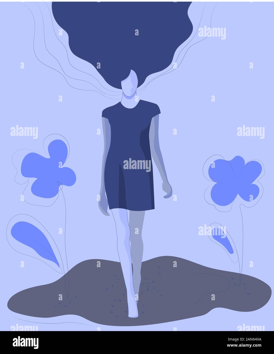 Das Mädchen Spaziergänge in einer Blumenwiese. Vector Illustration. Stock Vektor