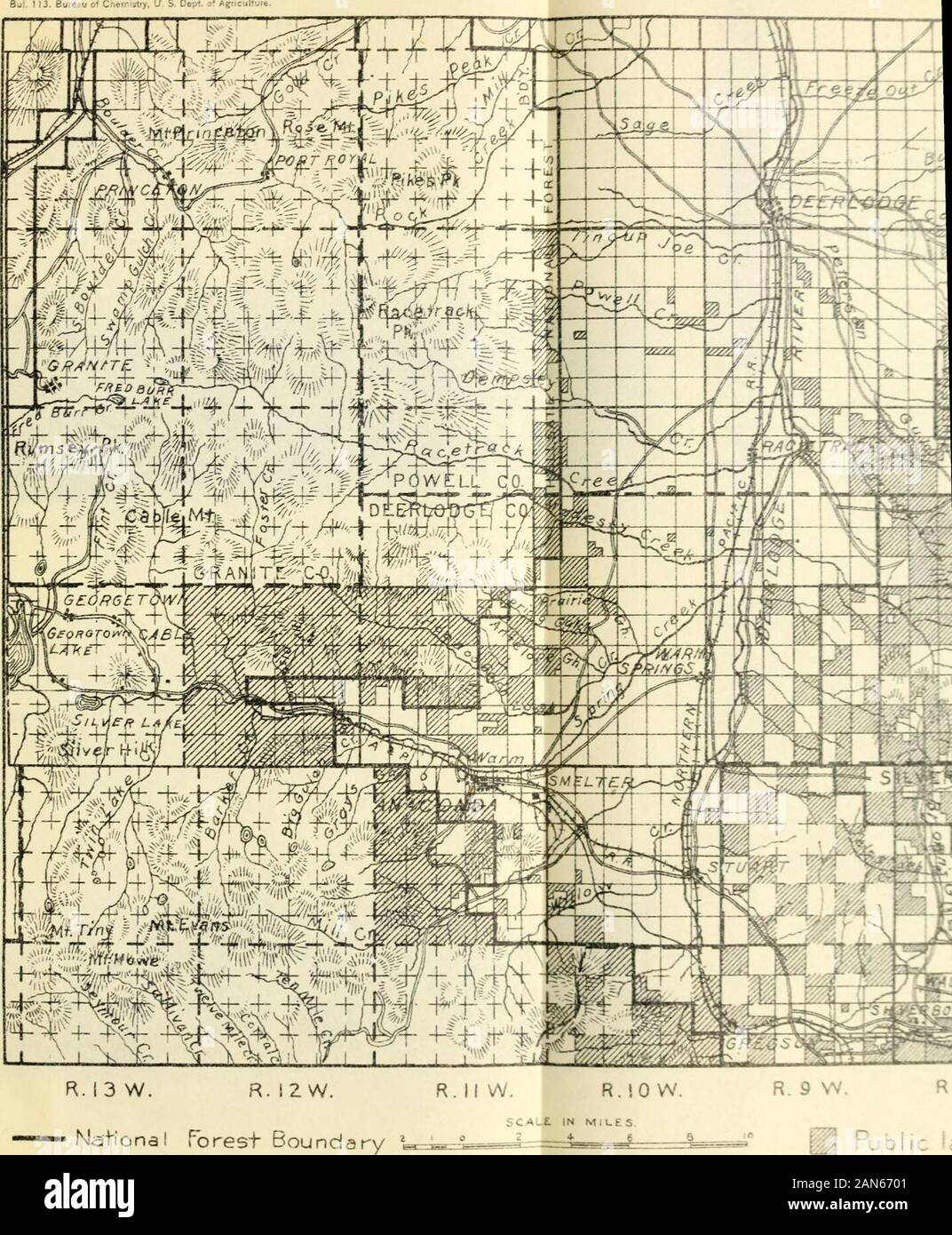 Schädigung der Vegetation und Tierwelt von schmelzer Abfälle. 1) 3. Büro o0-&gt; eir Ay, J S, DC-y. o AgncuUvre. Die nationalen Torest Grenze *, Region rund um Anaconda. Montana, Anzeigen National Forest c-Oaav und Poblic landet ts R. 8 W., R., 9 W.. R. 10 W.. Tps. 3. 4, 5 jedes Bereichs; R.1 Ich^. ps. 4 und 5 N.; und R. 12 W.. T.5 N. Aber. 1 13. Büro der Cnemlstof, US Abt. der Agrii Stockfoto