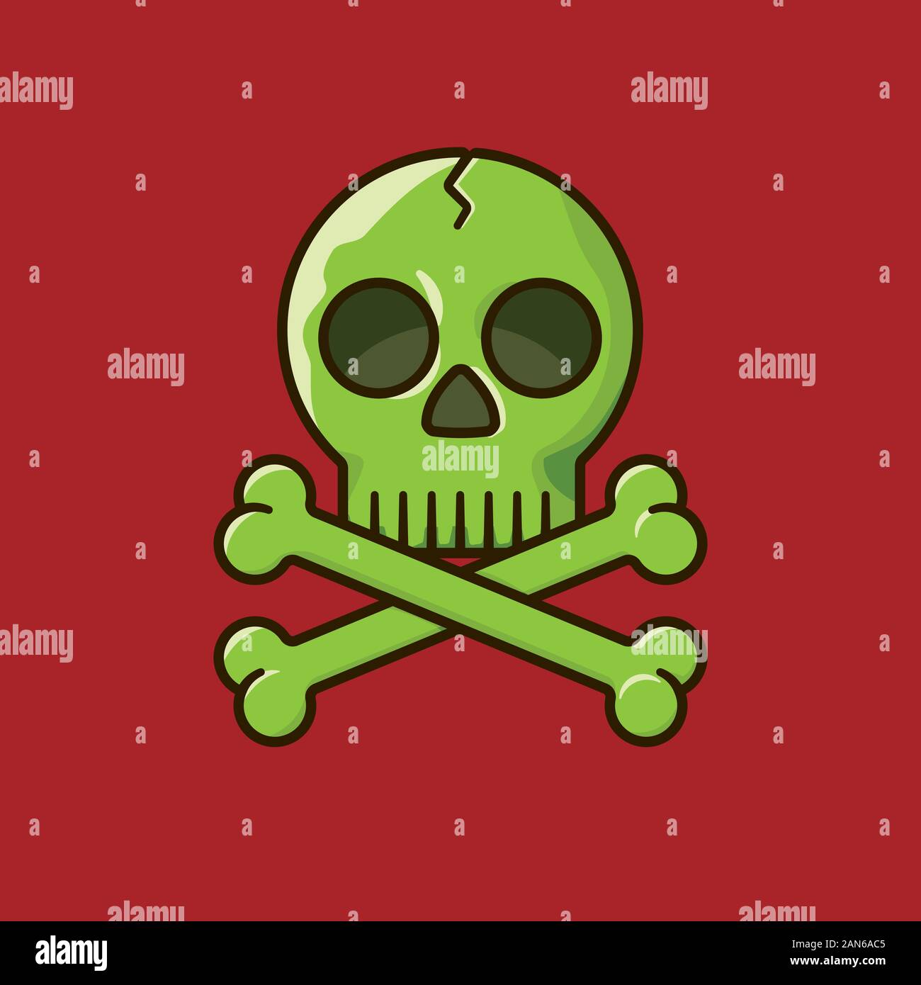 Grünen totenkopf und gekreuzten Knochen auf rotem Hintergrund Vector Illustration Stock Vektor