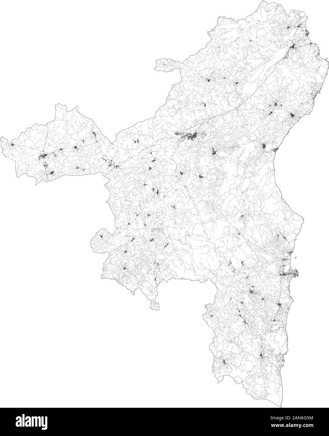 Sat-Karte der Provinz Nuoro Städte und Straßen, Gebäude und Straßen der Umgebung. Region Sardinien, Italien. Sardegna. Karte Straßen Stock Vektor