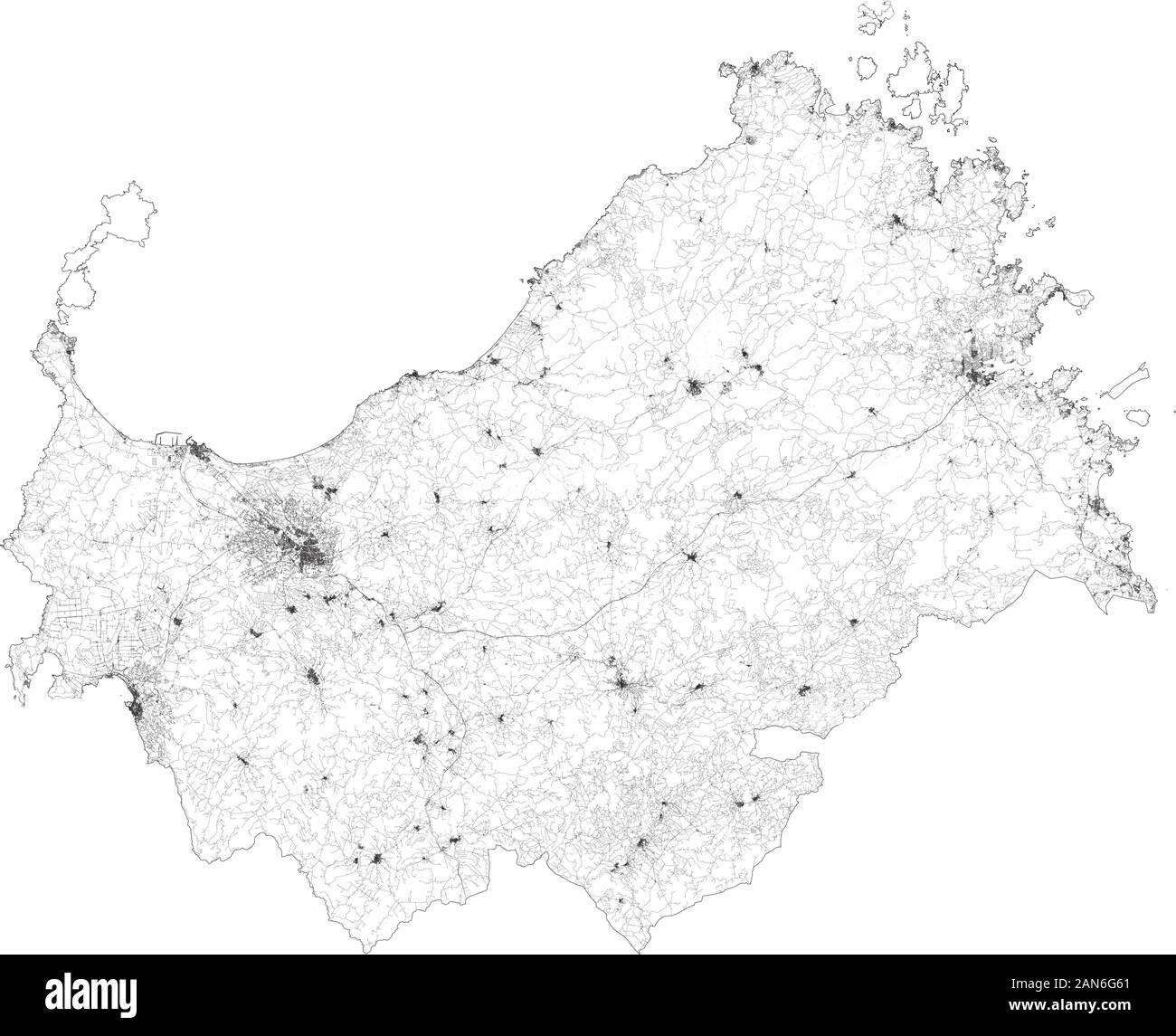 Sat-Karte der Provinz Sassari Städte und Straßen, Gebäude und Straßen der Umgebung. Region Sardinien, Italien. Sardinien Stock Vektor